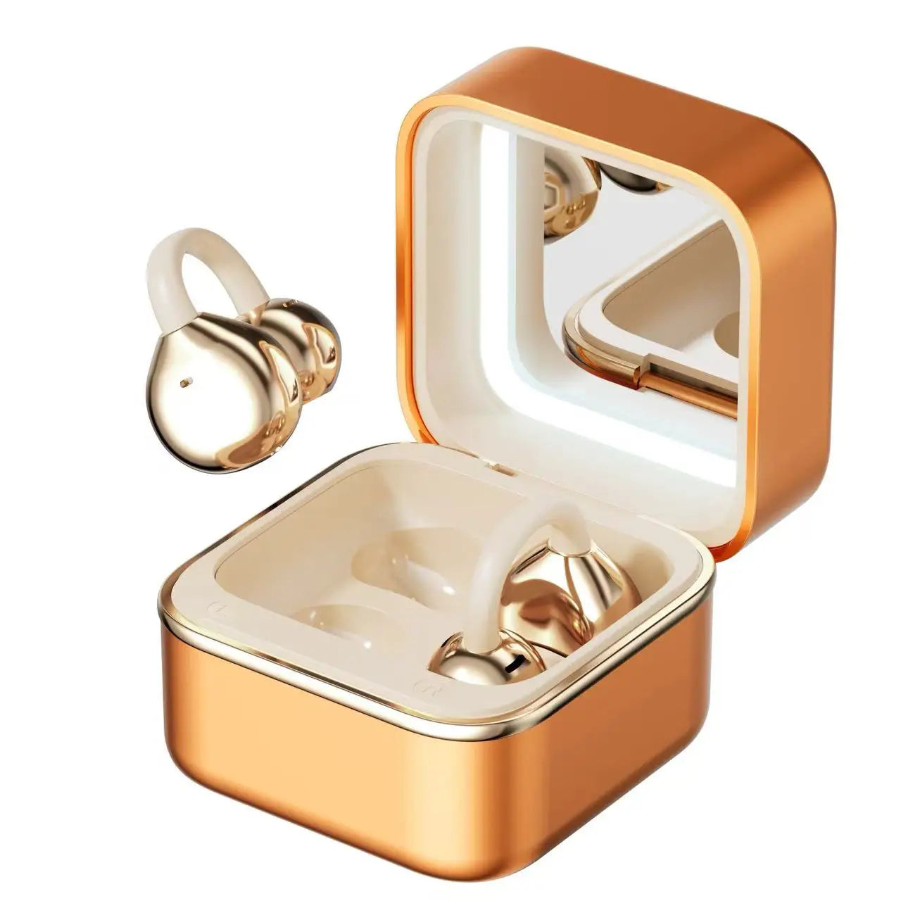 Clip On Open Ear Bluetooth 6.0 Earbuds, Jewelry Box LED Mirror Fill Light, HiFi Stereo Headphones, Fashion Gift For Women