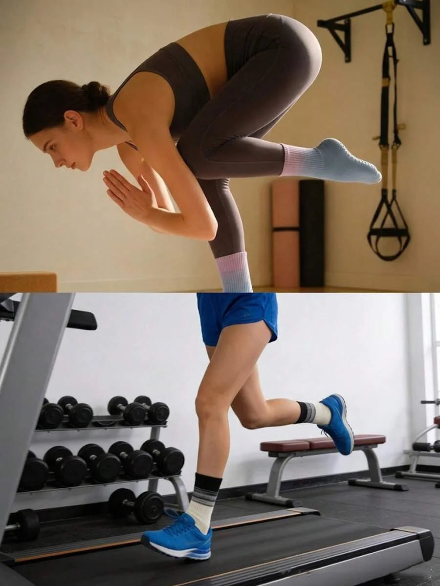 1 pair of women's gradient yoga socks, skipping rope sports socks, indoor non slip floor socks, and mid length socks
