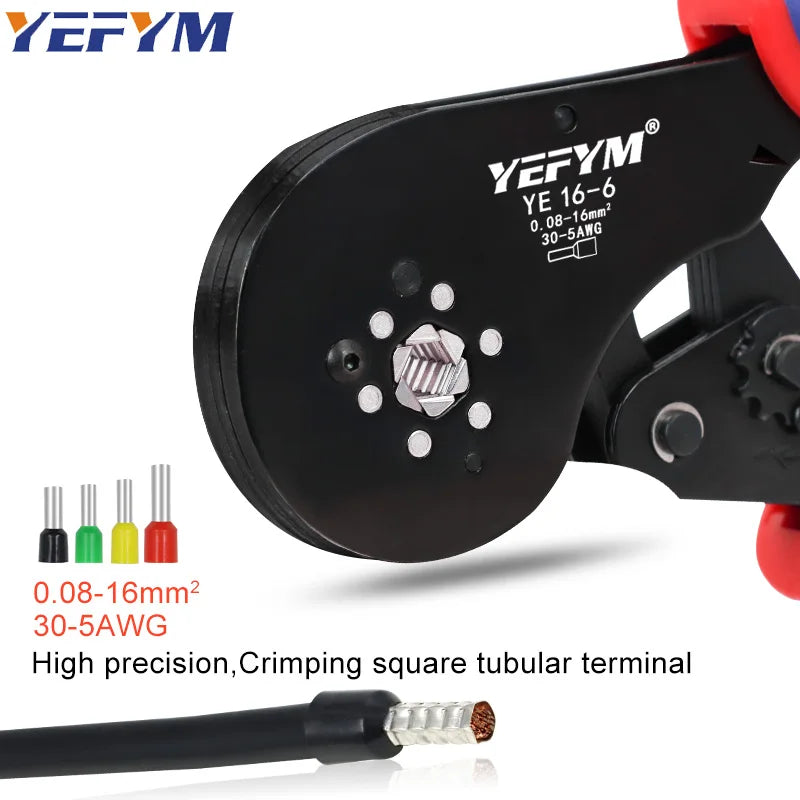 Ferrule Terminal Connectors Hexagon Crimping Pliers YE 16-6 0.08-16mm2/30-5AWG Large Range Size Ratchet Electrical Tools YEFYM