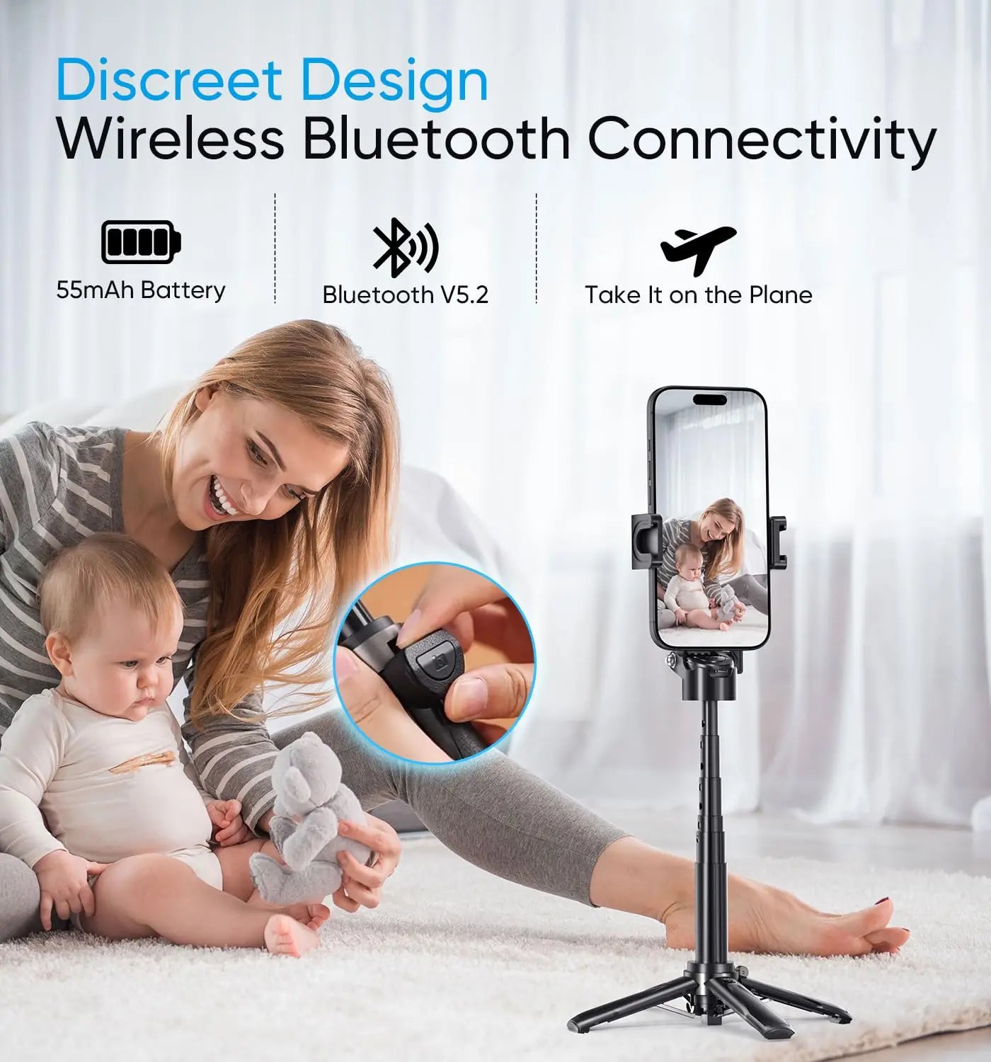 Mini Tripod，2025 New Selfie Stick Tripod with Remote One-Touch Push Button Switch, 360° Rotation with Bluetooth for IPhone