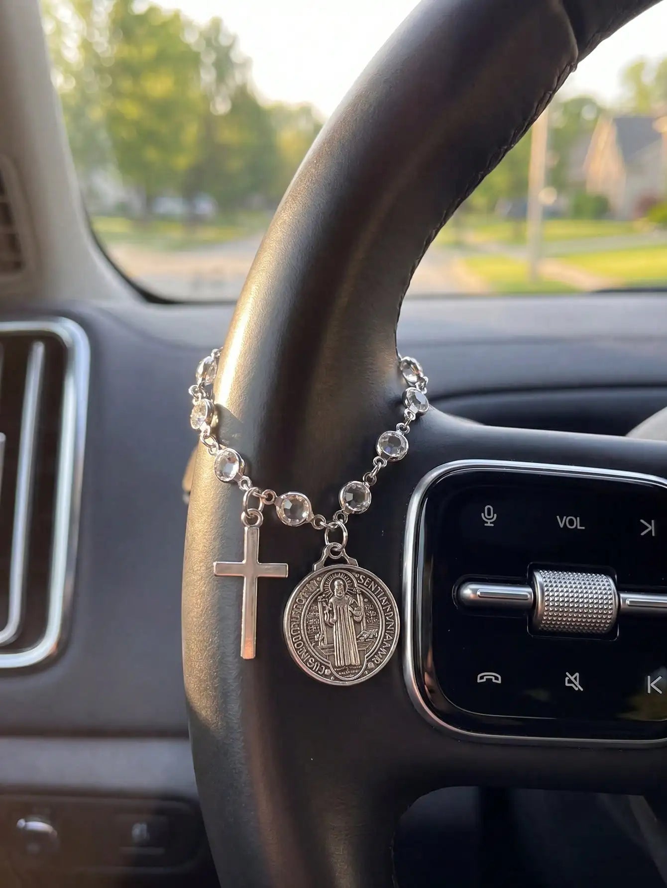 St Benedict Medal Cross Car Charm Blessed Travel Safety Amulet Religious Protective Car Interior Hanging Ornament Auto Steering Wheel Decor Handbag Charm For Women Perfect Christmas Thanksgiving New Car Gift For Family Friend