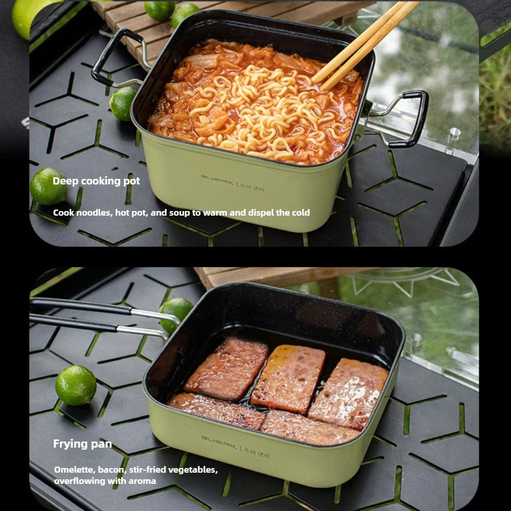 Outdoor Camping Square Pot Folding Portable Stainless Steel Lunch Box Frying Plate Cooking Pot Tableware Set Pot