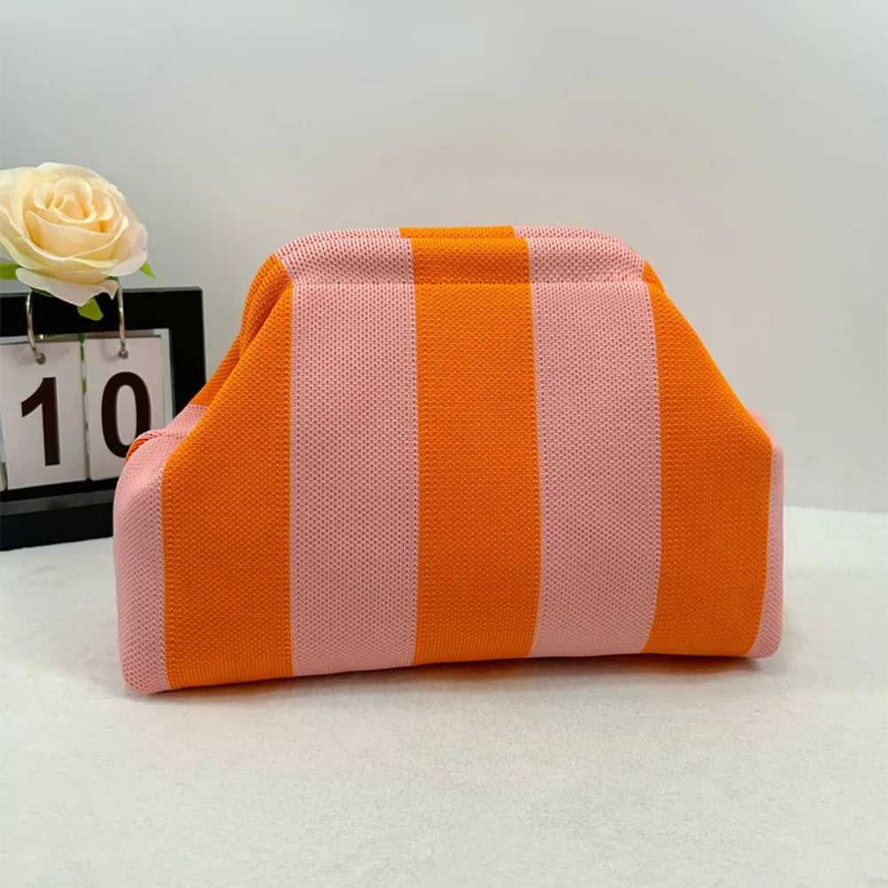 Knitted striped handbag dinner work beach large capacity daily versatile color contrast commuter clip bag women