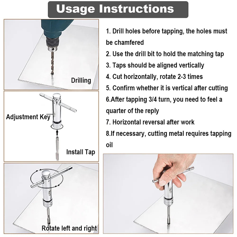 Adjustable Silver T-Handle Ratchet Tap Holder Wrench Set Hand Tools with 5pc M3-M8 Machine Screw Thread Metric Plug T-shaped Tap