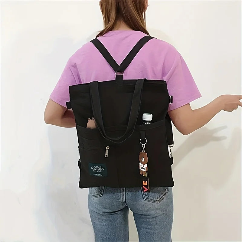 Canvas Shoulder Bag, Women's Fashion Letter Patch Decor Handbag Versatile Backpack