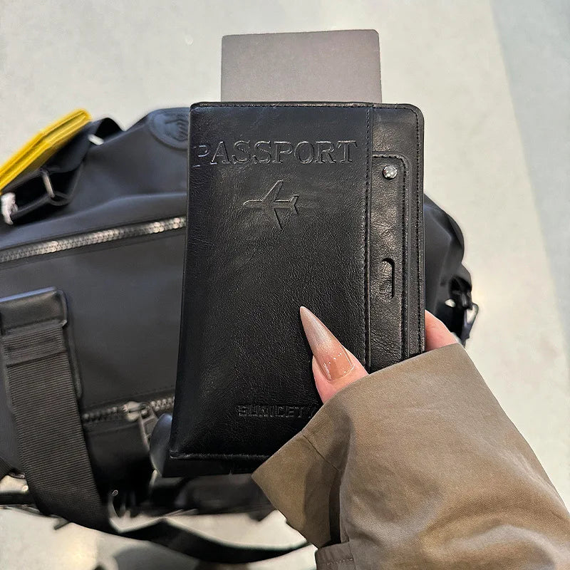Men Women Leather Passport Holder Cover RFID Blocking Travel Wallet Passport Case with Pen Holder Dual SIM Card Slots