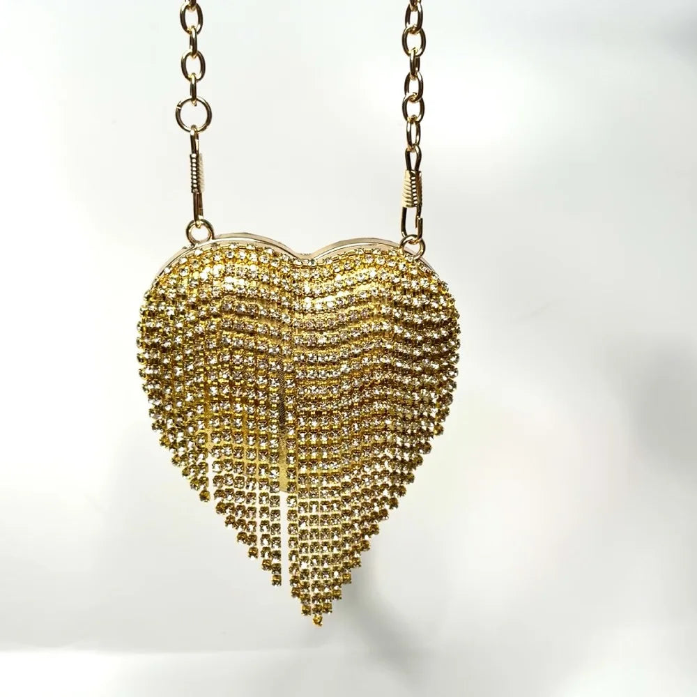 Luxury Rhinestones Ladies Evening Bag Mini Heart Shape Shoulder Bag Portable Handle Rhinestone Handbags Evening Wedding Party