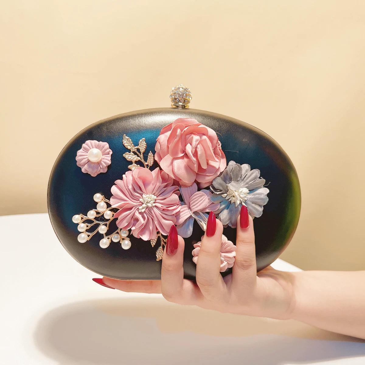 Flower Evening Bags Pink Color Women Small Clutch Purse With Chain Shoulder Flap Design Diamonds Beading Box