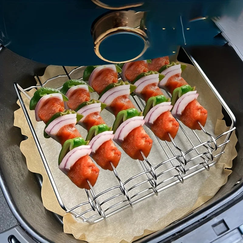 Rectangle Baking Tray Skewer Air Fryer Stainless Steel Grill Rack Detachable String Grill Barbecue Skewer  Airfryer Cooking Rack
