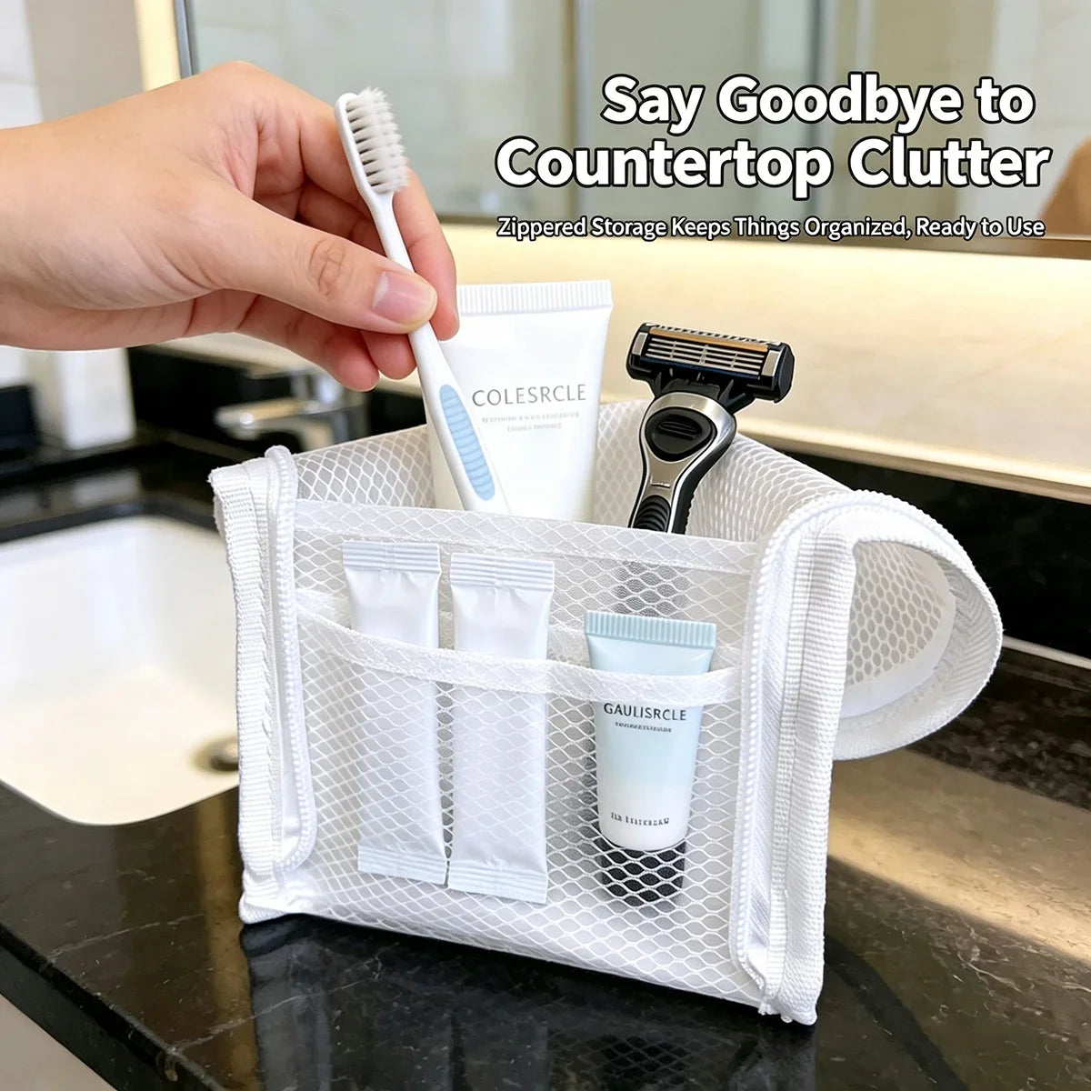 Large Capacity PVC Cosmetic Bag Waterproof Space Saving Toothbrush Toiletry Pouch Zipper Closure Vertical Design