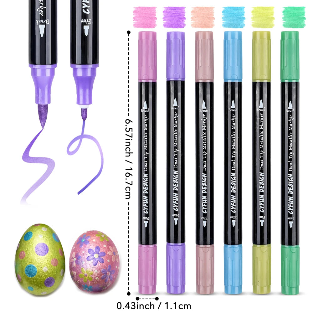 Dual-Tip Metallic Acrylic Markers 2 in1 Fine&Brush Tip Paint Pen for Black Paper,Rock Painting,Glass Craft,Card Making Scrapbook
