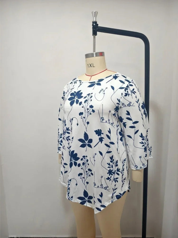 New Round Neck Plant Floral Seven Quarter Sleeved Top Loose and Elegant Plus Size Temperament Short Sleeved T-shirt  Commute