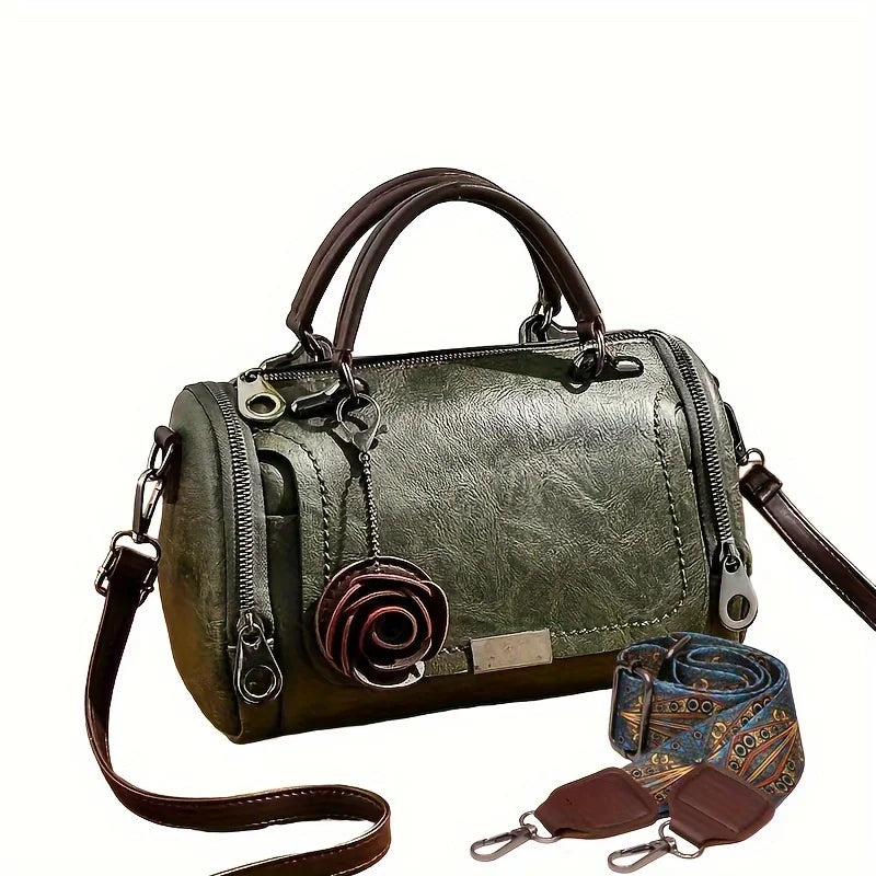 Large Vintage Boston Handbag - Solid Color PU Satchel with Zipper Closure, and Flower Pendant - Perfect for Occasional Use