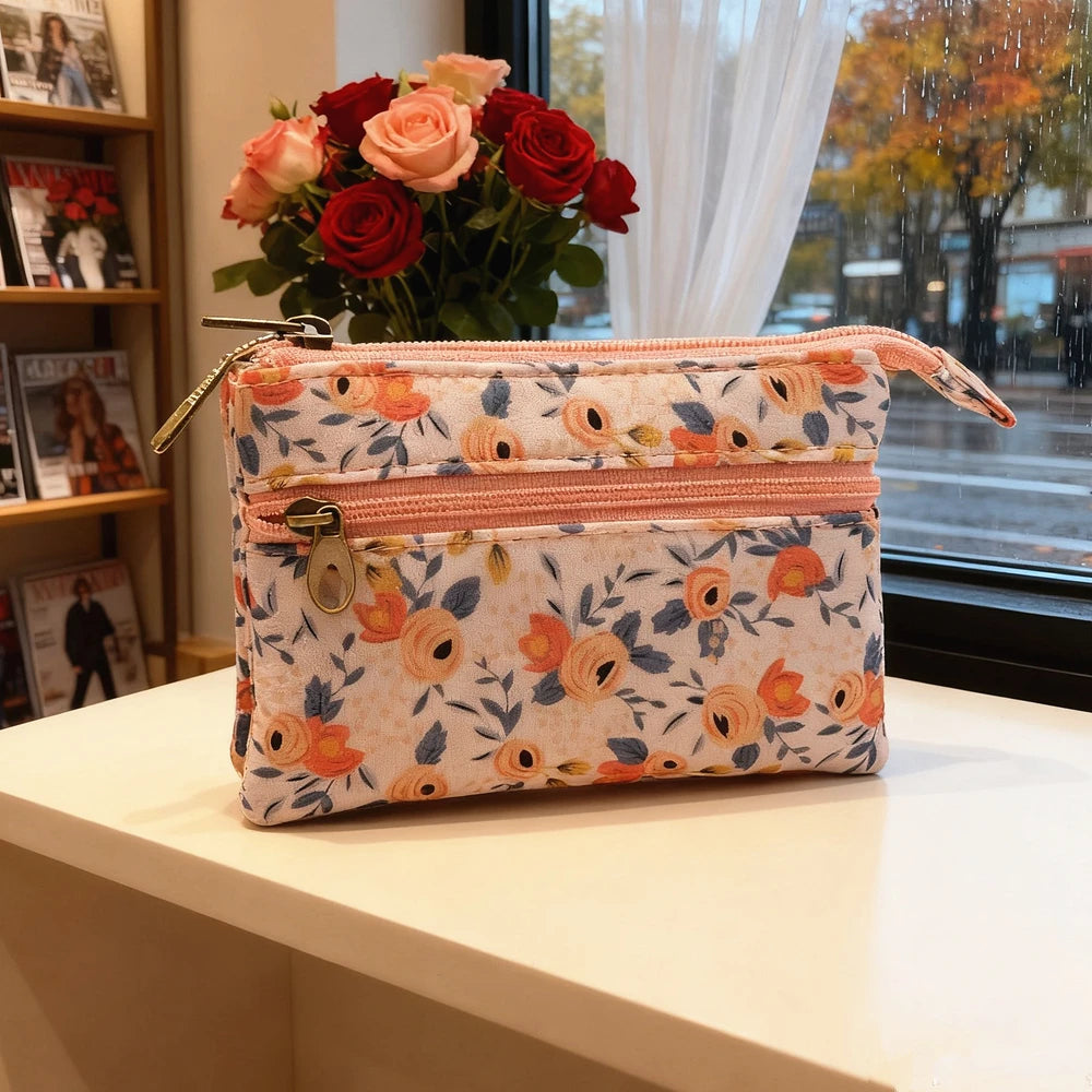 Women's short purse with cotton fabric printed design, light and fresh style, card holder, coin holder, student's small wallet