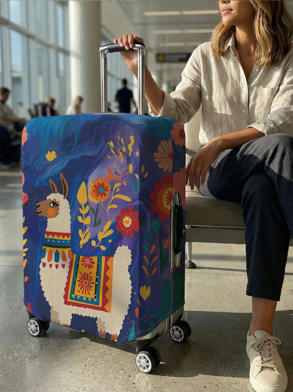 Blue Base Mexican Style Llama Flower Luggage Cover, Suitable for 18-32 Inch Luggage Cover, Luggage Handle Glove, Travel Accessor
