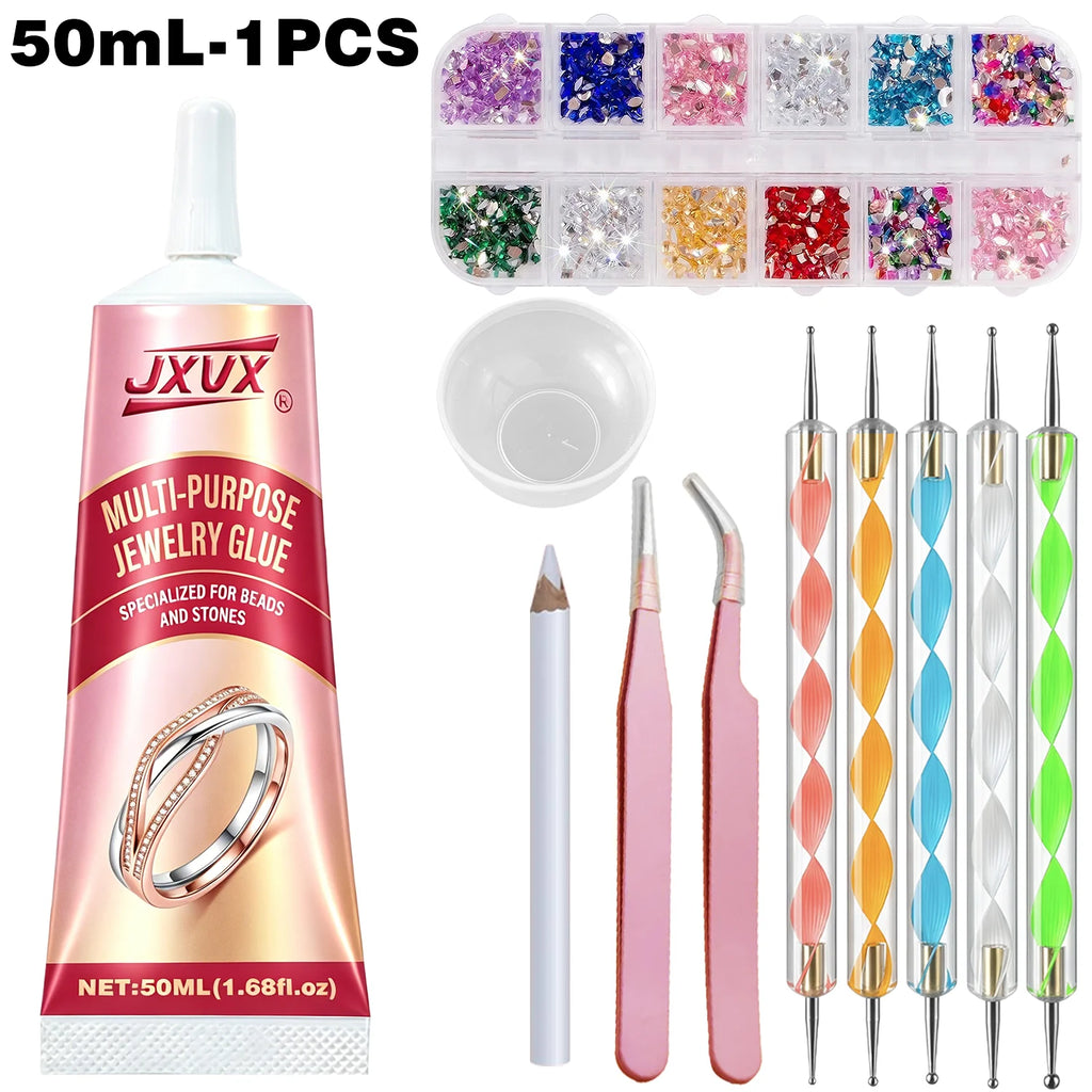 Jewelry Glue, 50ML Professional Grade Precise Applicator, Strong Instant Bond for Diamond Earrings, Rings,for Gemstones Metal.
