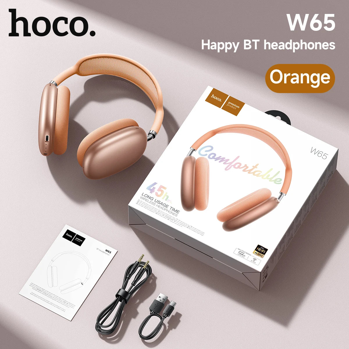 HOCO W65 Bluetooth Headphones Over The Ear Wireless Big Earphone Hifi Sounds Sport Headsets With Volume Button Air Earbuds Max