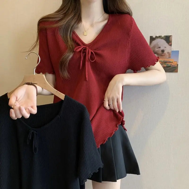 Plus-size women's spring and summer new pure color slimming and age-reducing rope-tied ribbed short-sleeve T-shirt