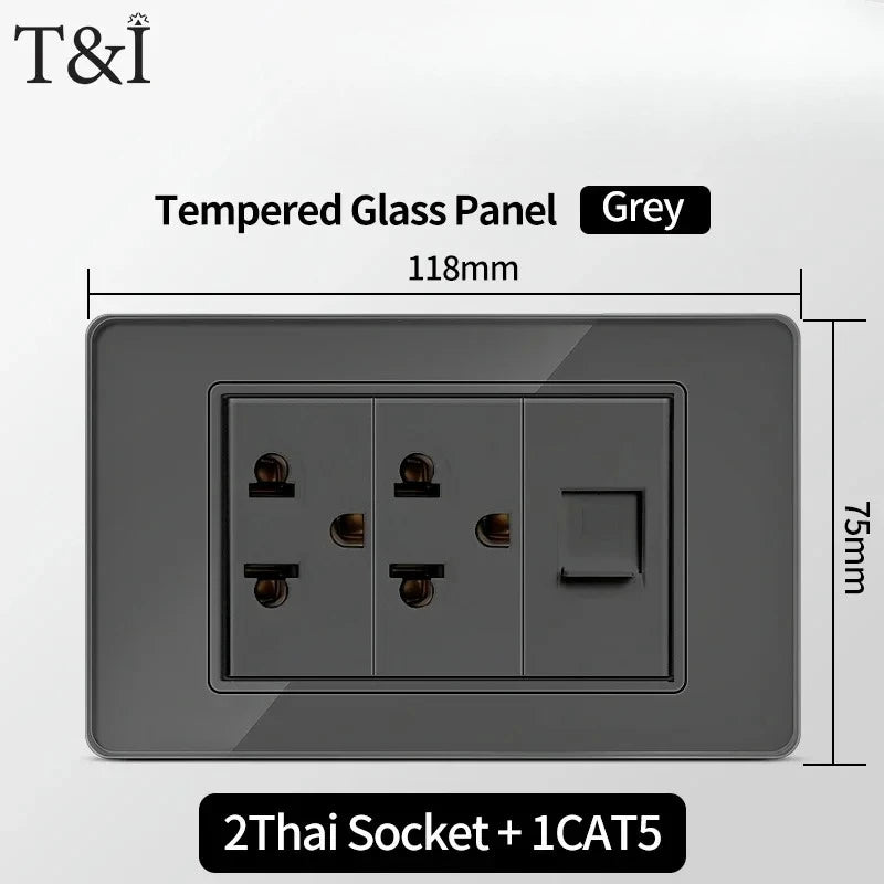 118*75mm Tempered Glass Socket US Wall Socket Thai USB Socket Plug with Dual USB Type-C Ports,Light Switch 110V