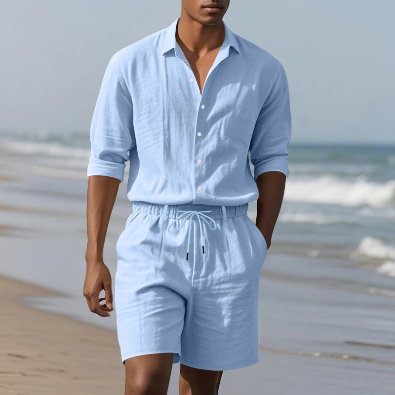 Men's Loose Trendy Linen Two-Piece Set: Shirt and Drawstring Shorts, Lightweight Summer Beach Casual Sports Outfit