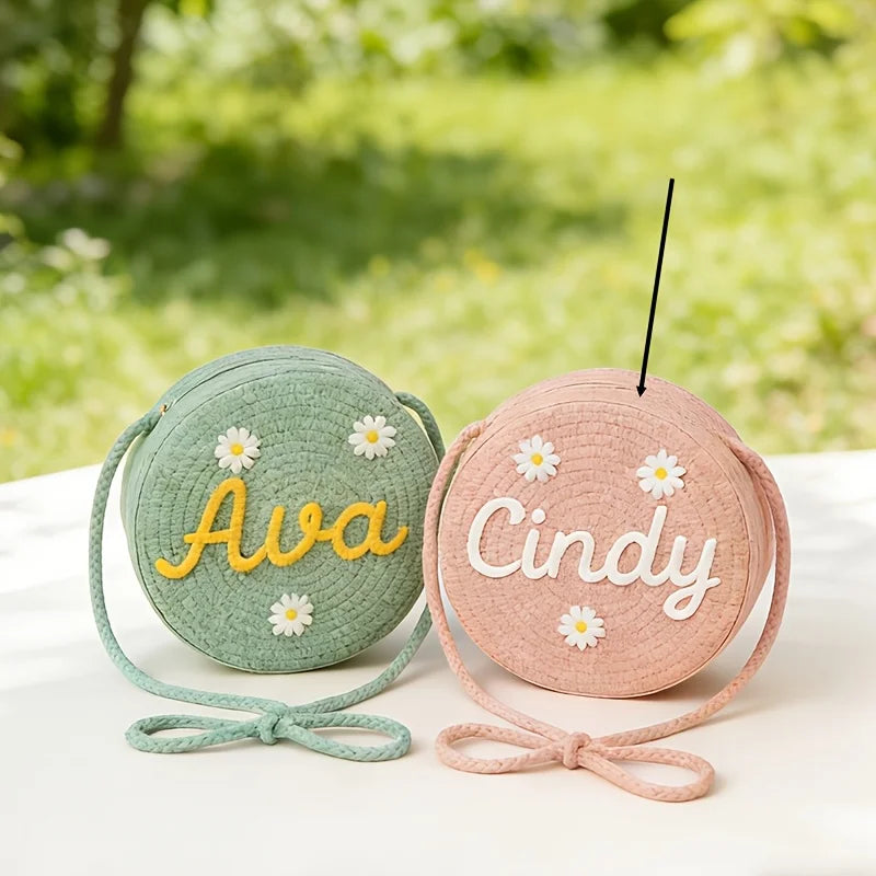 Personalized Name Daisy Straw Crossbody Bag Women Round Woven Shoulder Bag Summer Beach Handbag Gift