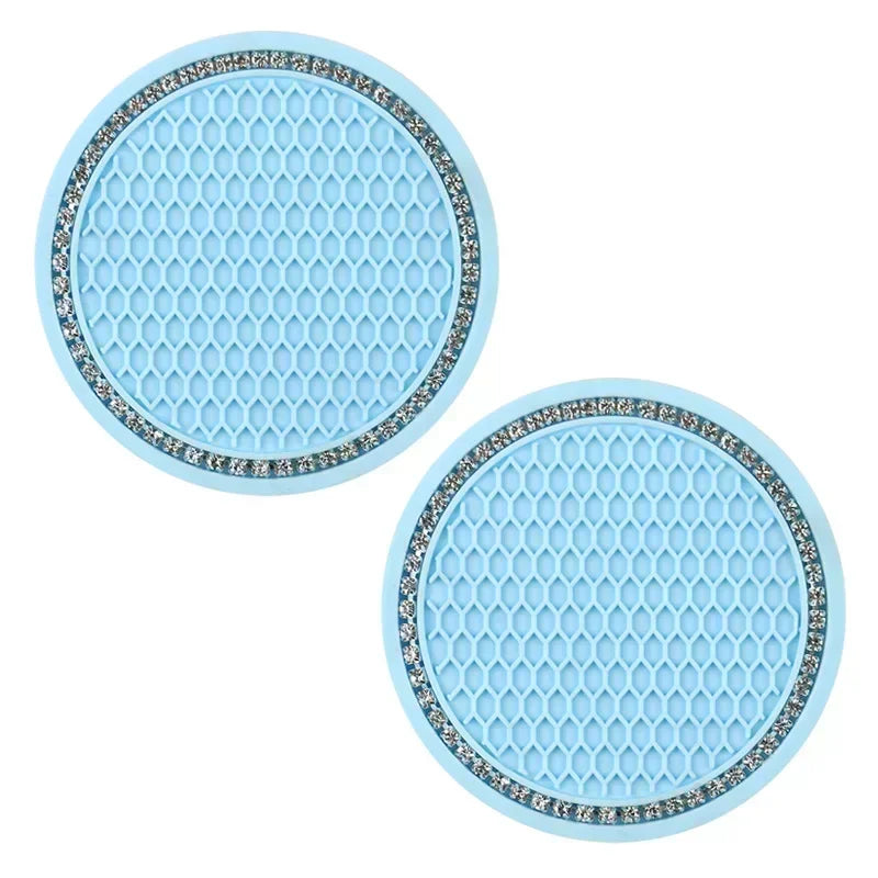 Car Coasters, Universal 2 Pcs Car Coasters for Women Bling Car Accessories, Silicone Anti Slip Crystal Car Cup Holde