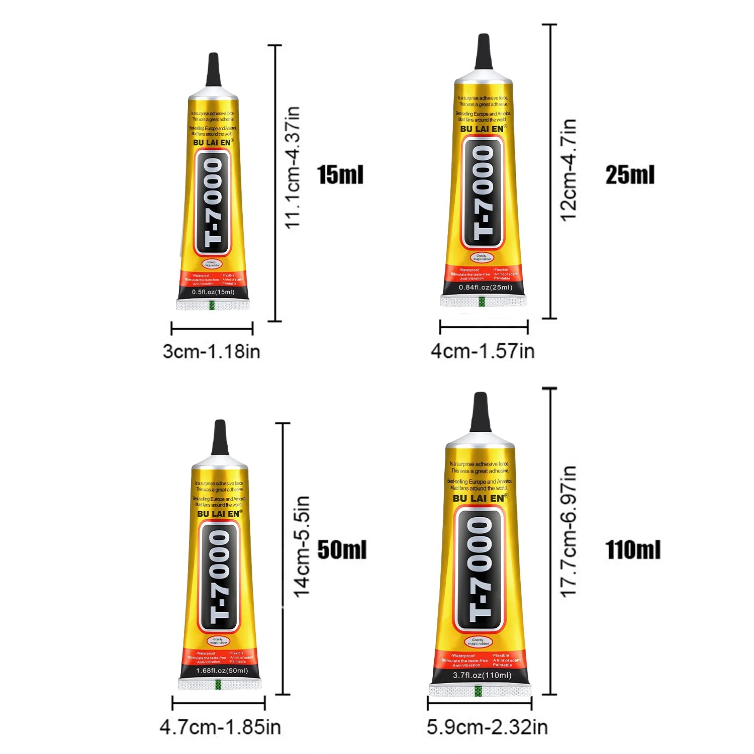 Black T-7000 glue, a semi-fluid black adhesive for precision repairs of crafts, electronics, phone screen replacements, do-it-yourself or DIY jewel making, and glass, wood, metal, and stones.
