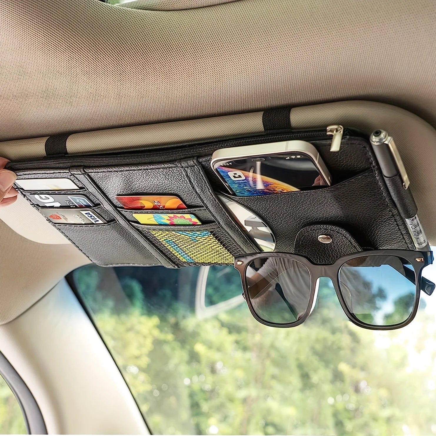 Car Visor Organizer, Auto Interior Accessories, Car Truck SUV Storage Pouch Holder, with Multi-Pocket Net Zipper