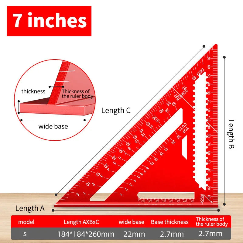 Precision 7/12 Inch Aluminum Alloy Triangle Ruler Woodworking Measuring Tools Durable Metal Metric Imperial Gauging Angle Finder