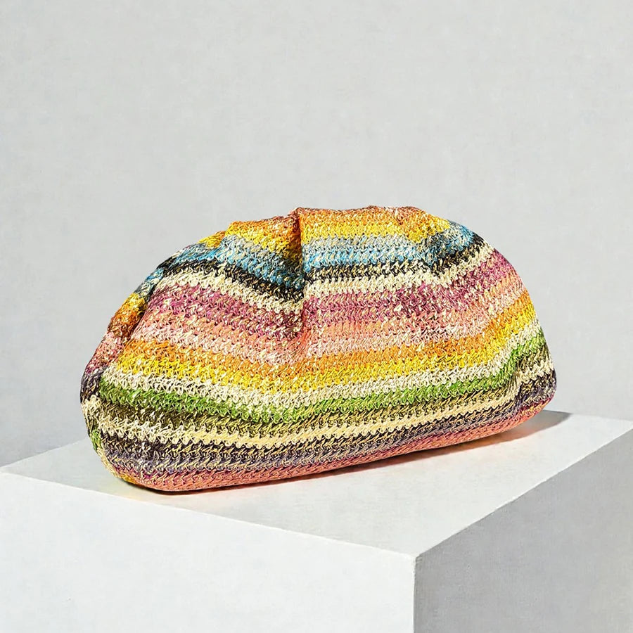 2026 Summer New Rainbow Mixed Color Stripe Knitted Woven Handbags Women Causal Weaving Purse Seaside Vacation Travel Beach Bags