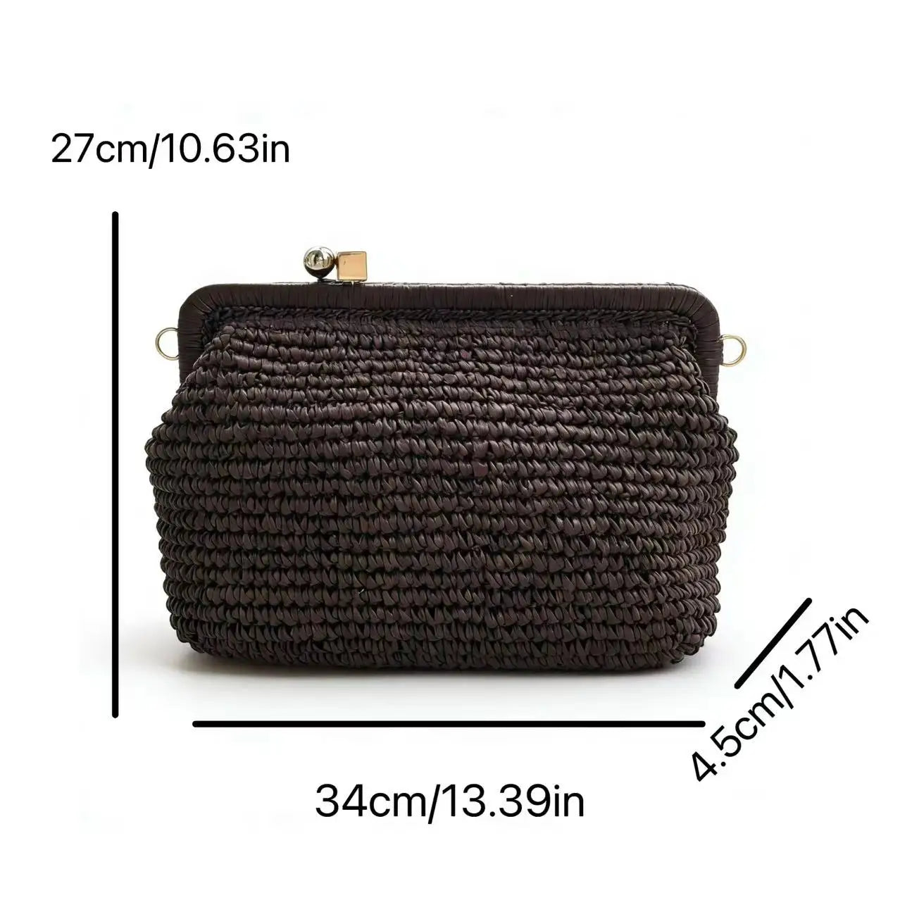 Handwoven Straw Clutch Bag with Dual‑Color Kiss‑Lock Closure & Detachable Chain, Versatile Shoulder/Crossbody Bag for Summer