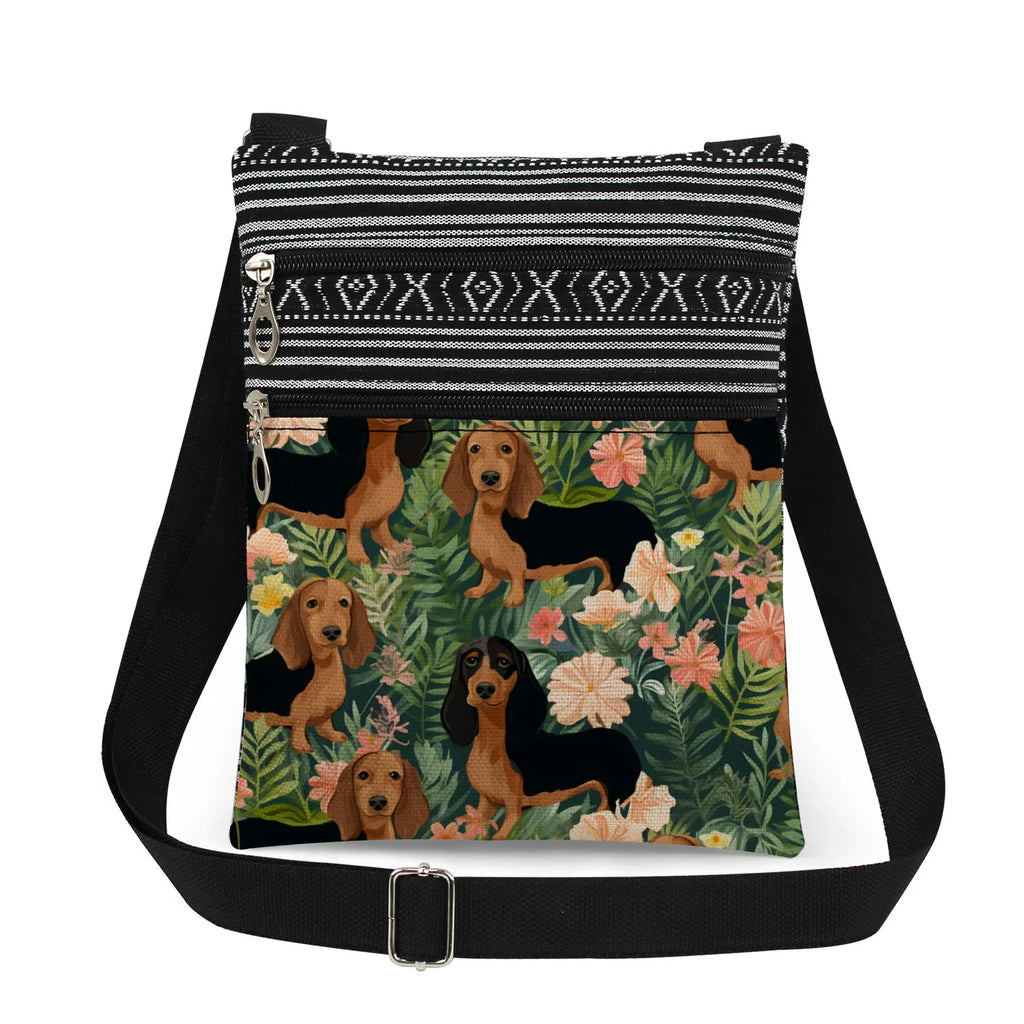 Cute Dachshund Print Crossbody Bag Female Floral Animal Shoulder Bags Fashion Outdoor Portable Double Zipper Lady Messenger Bag