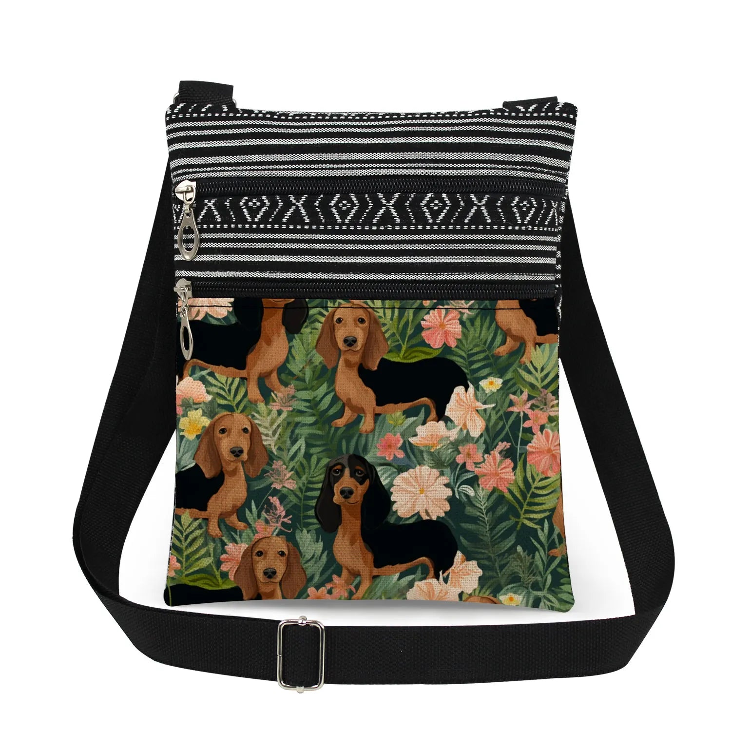 Cute Dachshund Print Crossbody Bag Female Floral Animal Shoulder Bags Fashion Outdoor Portable Double Zipper Lady Messenger Bag