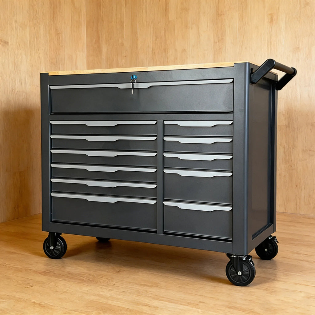 Grade Tool Cabinet Trolley with Lock, Solid Wood Countertop 12 Drawers Multi-compartment Storage Auto Repair Hardware Cabinet