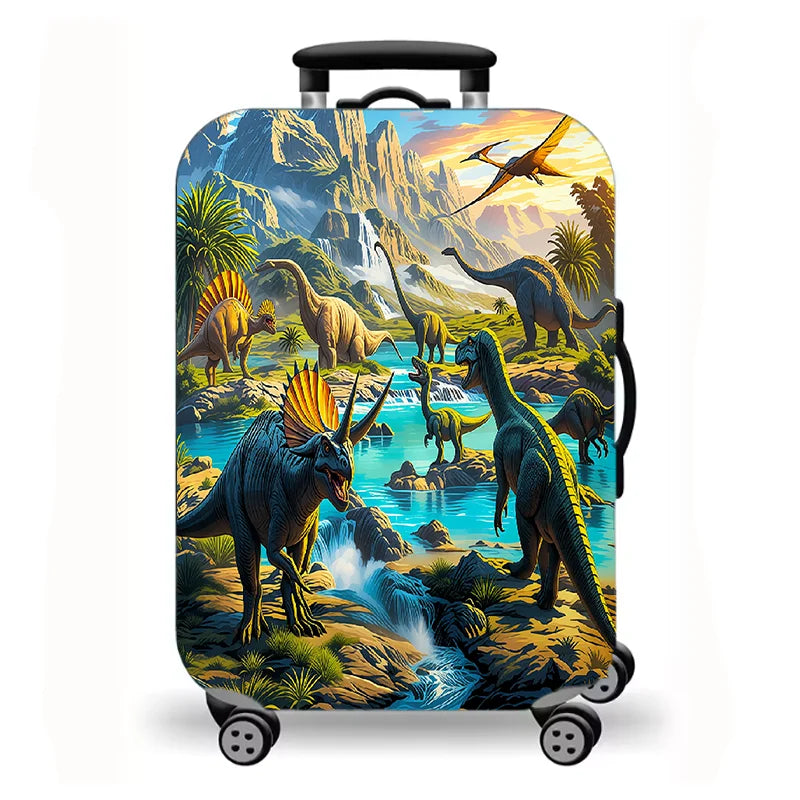 Luggage Cover, Fantasy Dragon Dinosaur Print Stretch Suitcase Protector, Medieval Castle Mythical Creature Travel Design