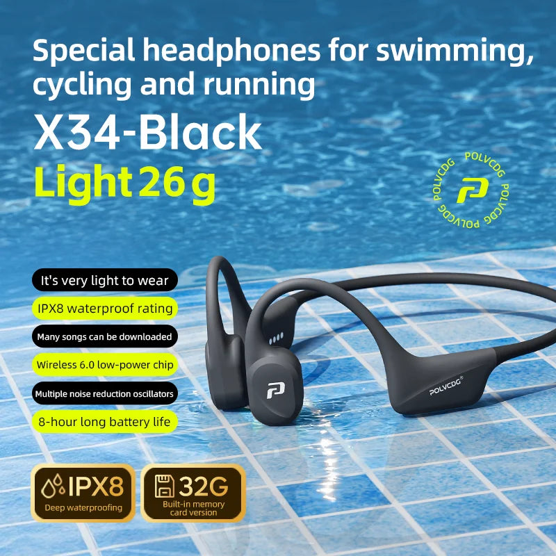 POLVCDG x34 Bone Conduction Swimming Earphones Silicone Head 32GB Memory IPX8 Waterproof 26g Sports Climbing Earphones