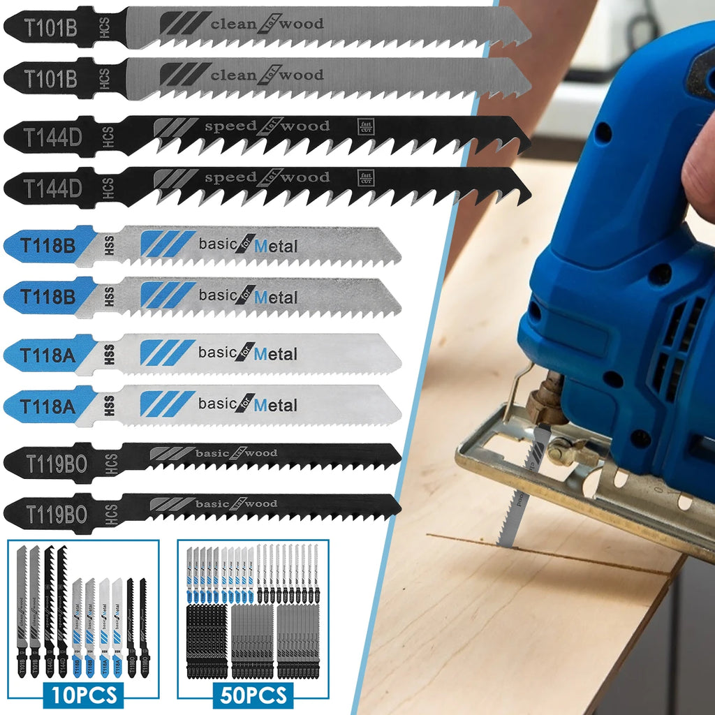 10/50pcs Jig Saw Blades T-Shaft HCS Assorted Saw Blades Sharp Fast Cut Jigsaw Blades for Wood Plastic Metal Cutting Hand Tools