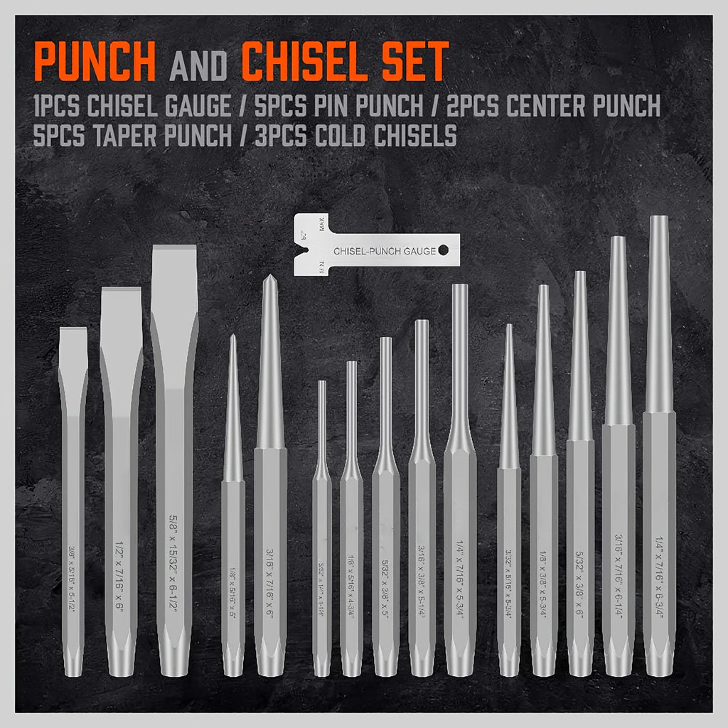 16Pcs Punch and Chisel Set With Storage Pouch, Including Taper, Cold Chisels, Pin, Center, Chrome Vanadium Steel