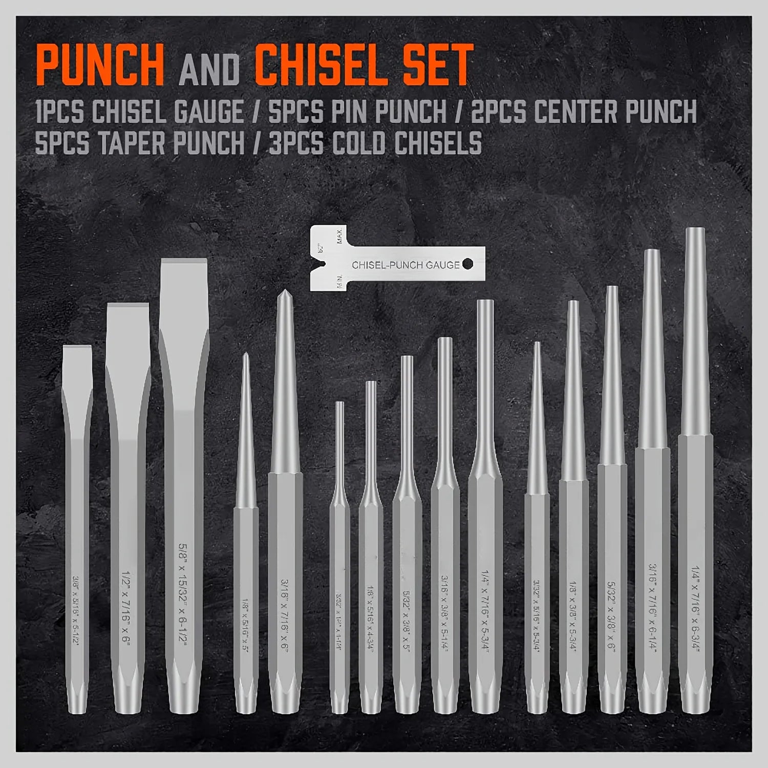 16Pcs Punch and Chisel Set With Storage Pouch, Including Taper, Cold Chisels, Pin, Center, Chrome Vanadium Steel