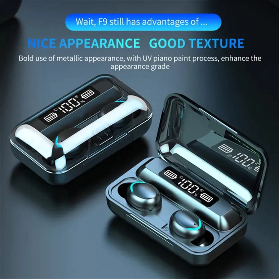 F9 TWS Bluetooth Wireless Headphones with Large-Capacity Charging Case & Digital Display, Long Battery Life Gaming Earbuds