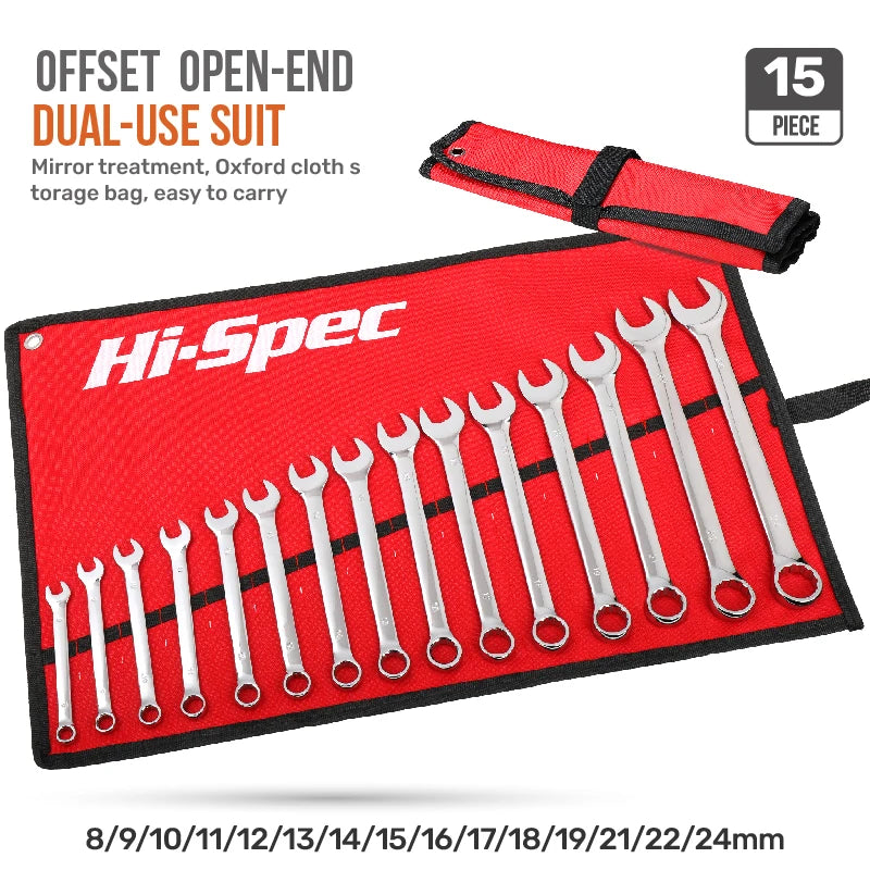 Hi-Spec Offset Open-End Dual-Use Combination Wrench Set CR-V Opened Ring Combo Spanner Hand Tool Kit for Home Repair