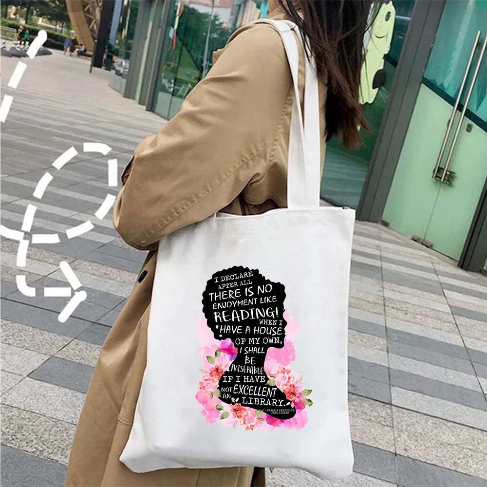 More Pride Less Prejudice Jane Austen Pride Prejudice Elizabeth Darcy Book Bennet Cartoon Shopper Canvas Tote Bag Cotton Handbag