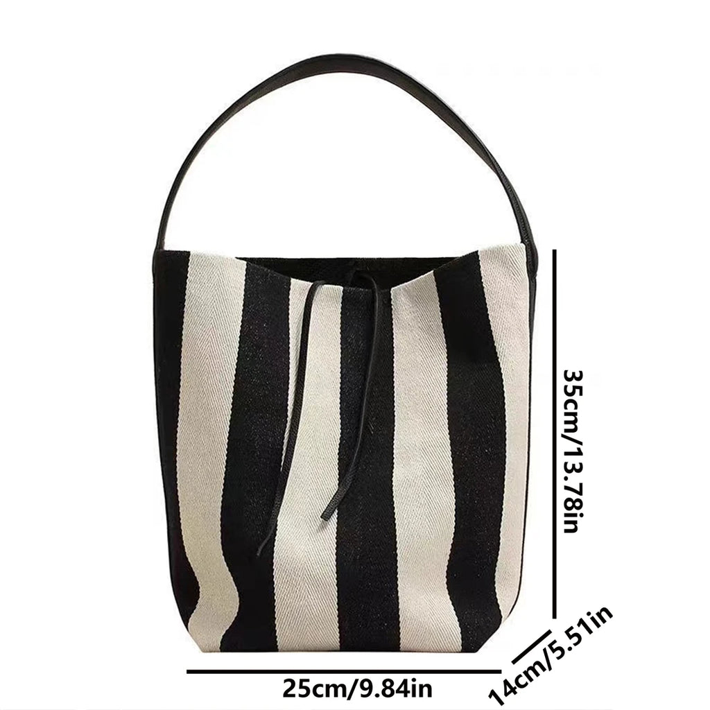 Black and white striped tote bag large capacity women's canvas commuting bag simple and casual shoulder bag Korean Handbag