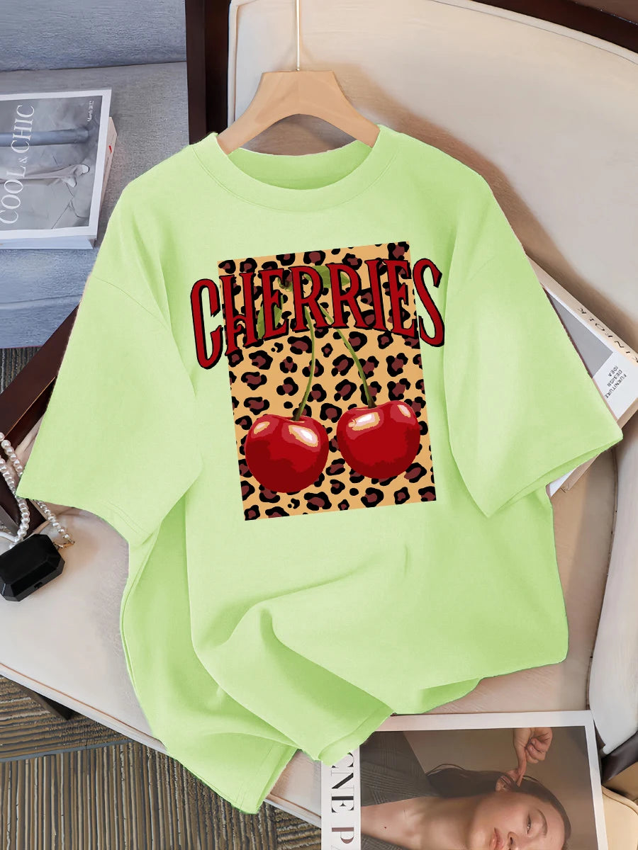 Plus Size Leopard Cherry Creative Design Womens Tee Shirts Casual T Shirt Summer O-Neck Streetwear Soft Oversized Short Sleeve