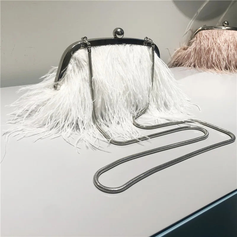 New Ostrich Hair Evening Clip Clutch Bag Fashion Lady Wedding Party Pouch Bag Chain Shoulder Crossbody Ostrich Feather Bag