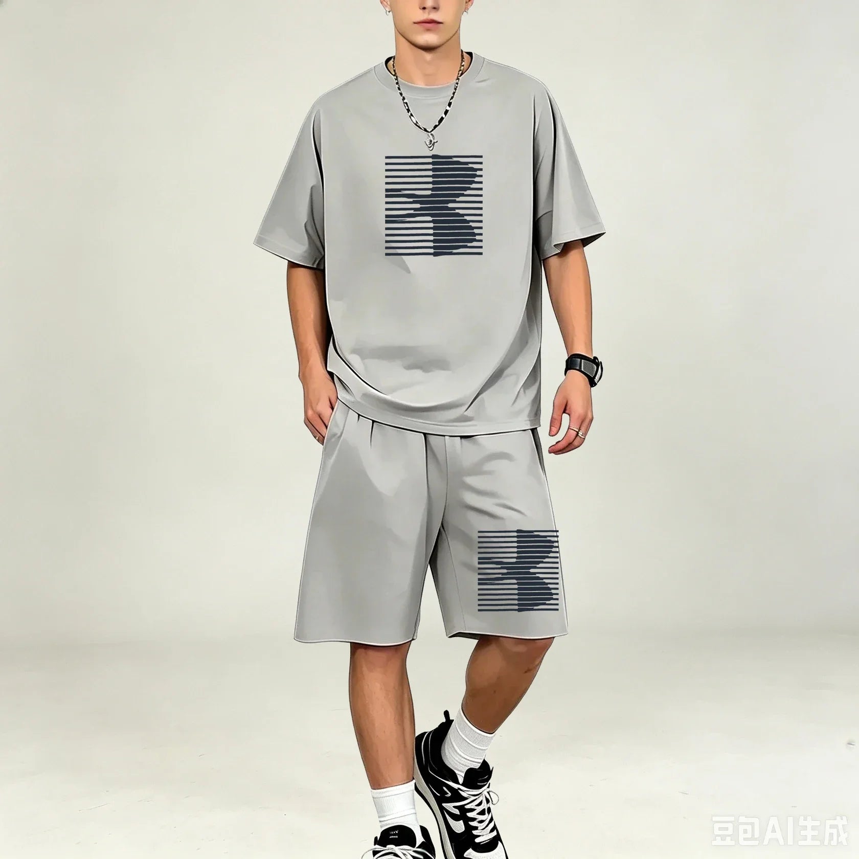 Men T‑Shirts Sets Simple Solid Color 2‑Piece Outfit Breathable Cotton T‑Shirts Sets Fashion Casual Sport Suit Workout Daily Wear