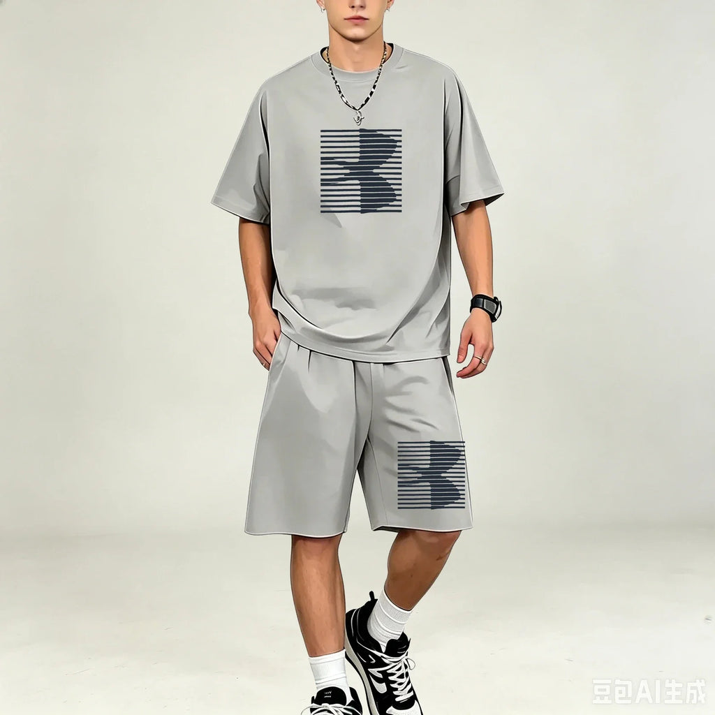 Men T‑Shirts Sets Simple Solid Color 2‑Piece Outfit Breathable Cotton T‑Shirts Sets Fashion Casual Sport Suit Workout Daily Wear
