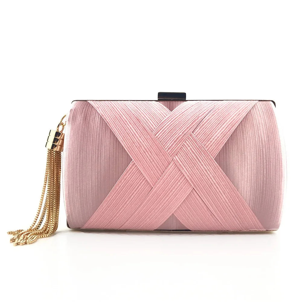 Casual Luxury Silk Fabric Dinner Handbag Tassel Chain Evening Banquet Bag Hand Hold Square Bridal Clutch Bag Wedding