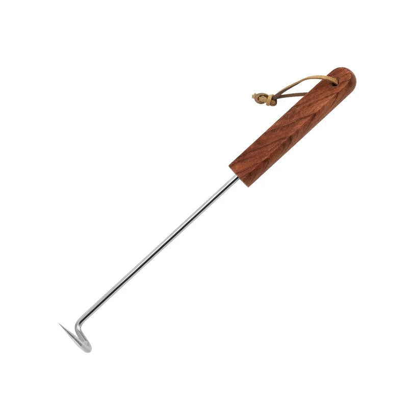BBQ Meat Flipper Hook Outdoor Camping Food Turner Hook with Wooden Handle Reusable Barbecue Food Flipper Grilling Cooking Tool