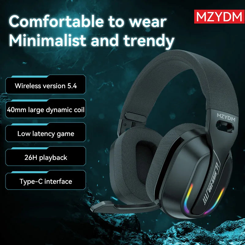 MZYDM Over Ear Headset Bluetooth5.4 Wireless Stereo Gaming B500 Earphones Built-in Mic RGB Light Low Latency Headphones For PC